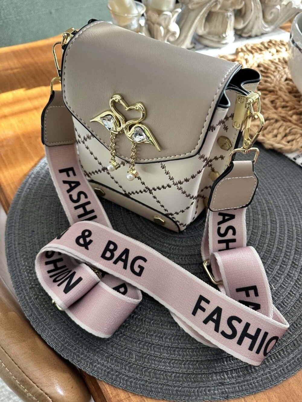 Quilted Swan Cream and Tan Crossbody Bag